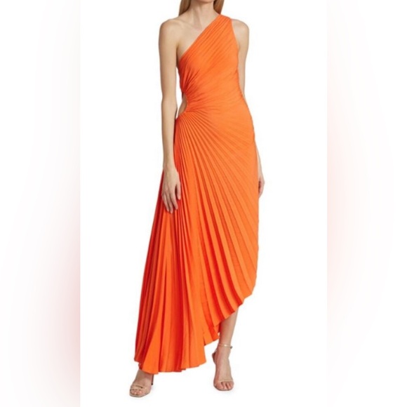 Alc Ltd 'Delfina' Orange Sleeveless One Shoulder Pleated Dress - Picture 3 of 6